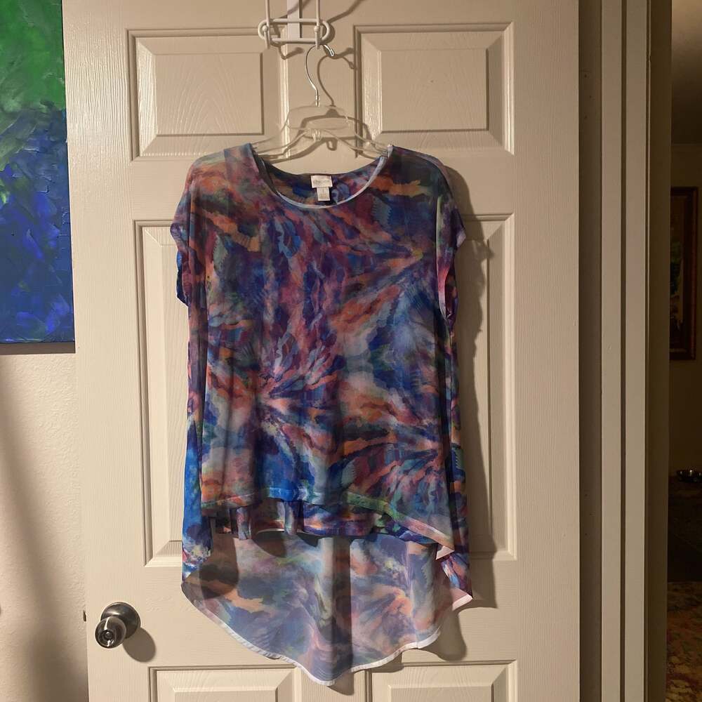 Chico's Painted Beauty DB Layer Tunic Top Watercolor Sheer